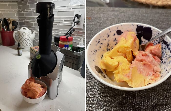 Frozen dessert maker on the counter and a bowl of strawberry and mango sorbet, essential for spring.
