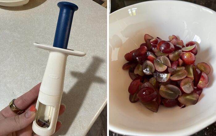 Grape slicer tool next to a bowl of sliced grapes, a must-have for spring functionality.