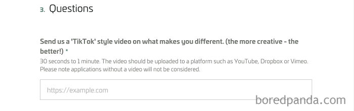 Job application asking for a TikTok style video showing creativity as an outrageous job requirement.