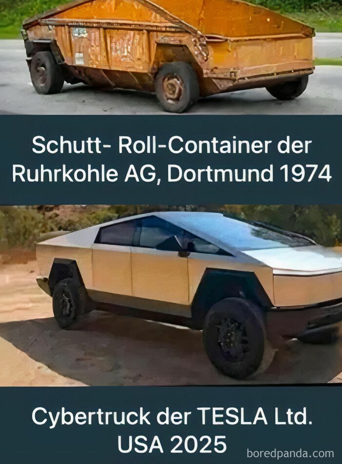 Old container vehicle comparison with Tesla's futuristic Cybertruck in 2025.