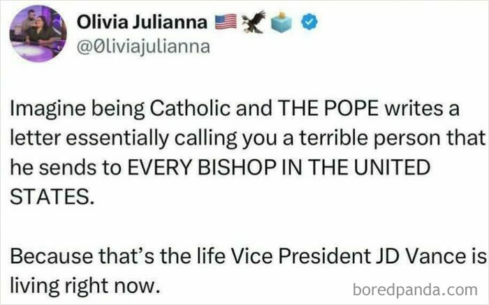 Man in a white shirt with a tweet overlay about a letter from the Pope, referencing an attempt.