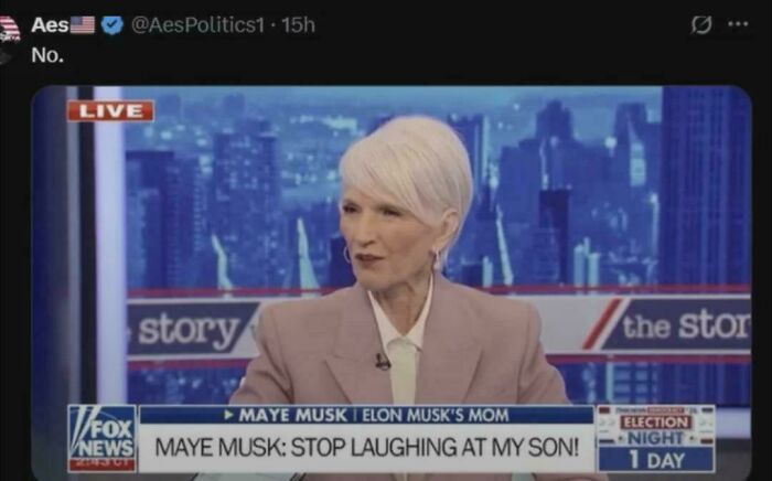 Fox News interview with Maye Musk, attempting to stop laughter at her son Elon Musk during live election coverage.