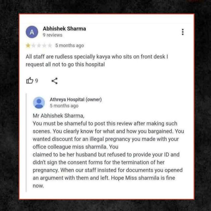Customer review and hospital owner reply showcasing a failed attempt at resolving a negative situation humorously.