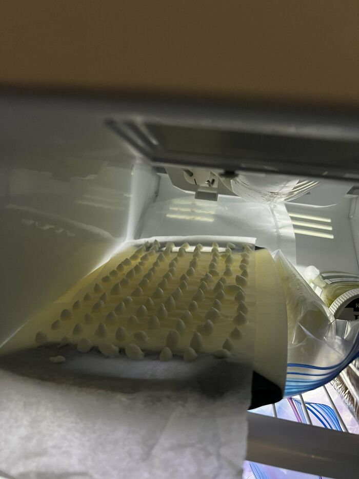 Tray of small ice cubes freezing inside a freezer, capturing a wholesome parenting moment of dads doing their best.
