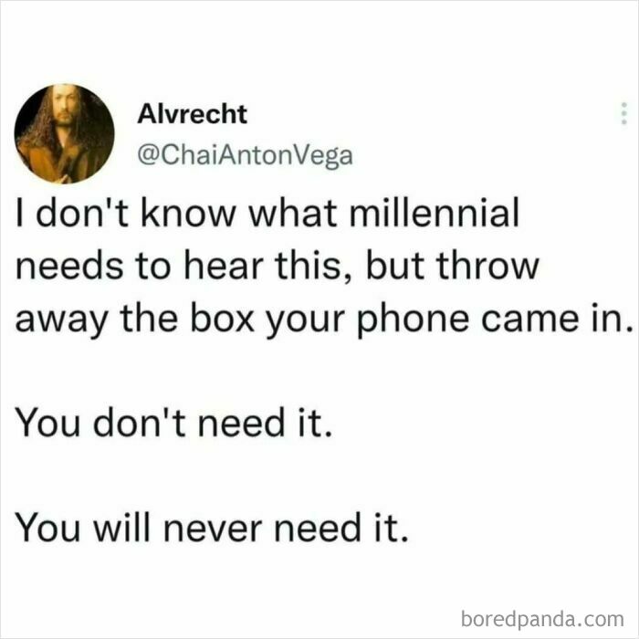 Meme text humorously suggests millennials discard unnecessary phone boxes.