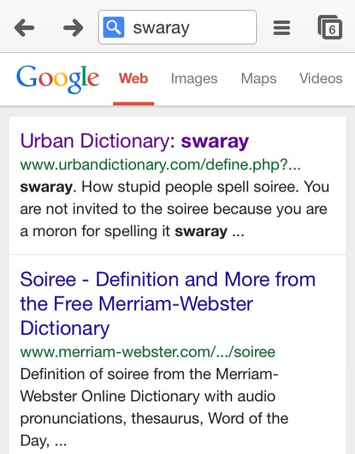Google search for "swaray" shows passive-aggressive Urban Dictionary result on spelling mistakes.