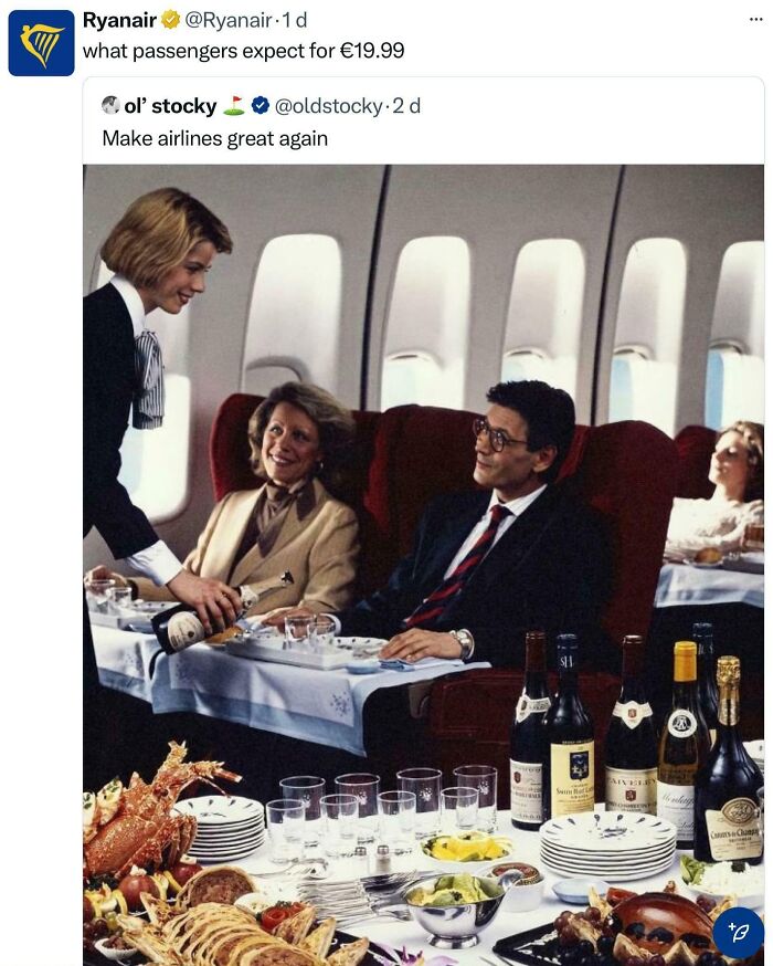 Airline passengers enjoy a luxurious in-flight meal with champagne, showcasing passive-aggressive humor about expectations.