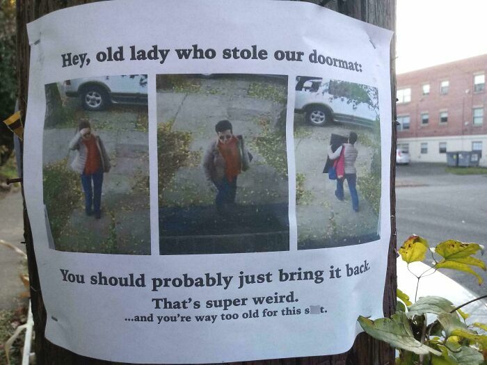 Passive-aggressive note on a tree with photos, requesting the return of a stolen doormat.