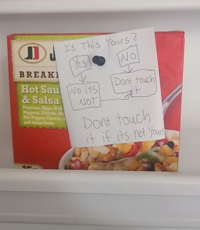 Passive-aggressive note on food box saying, "Is this yours? Don't touch it if it's not."