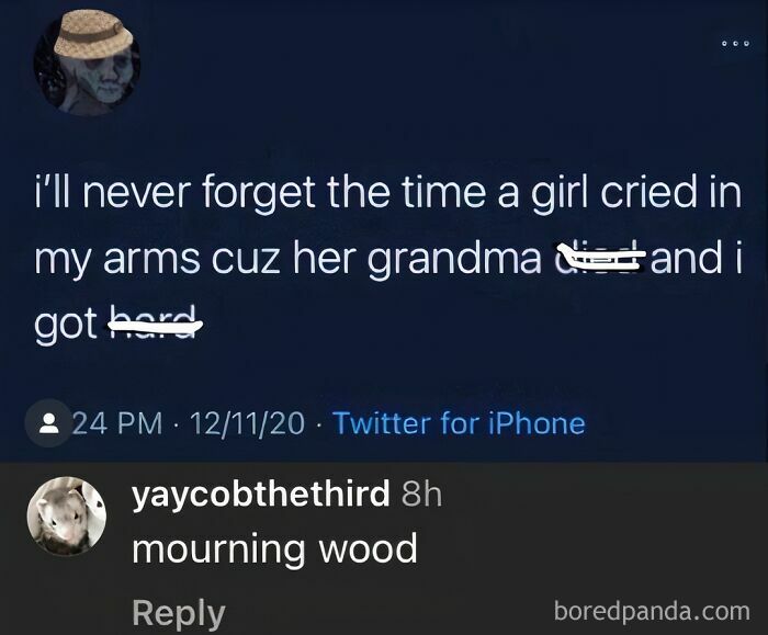 Comment on a tweet about an awkward moment, featuring a humorous response below.