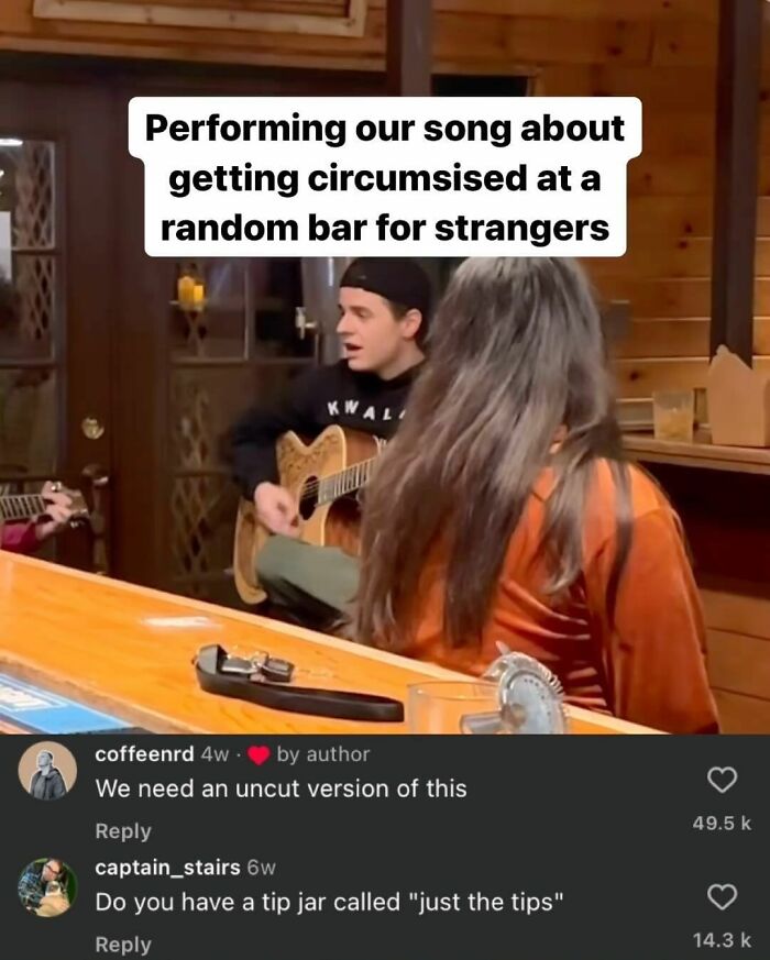 Person performing in a bar with humorous comments from Epic Comment God below about the performance.