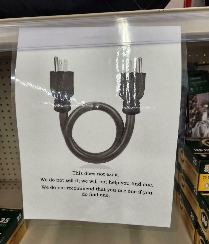 Passive-aggressive note shows a non-existent plug with humorous text about not selling or using it.