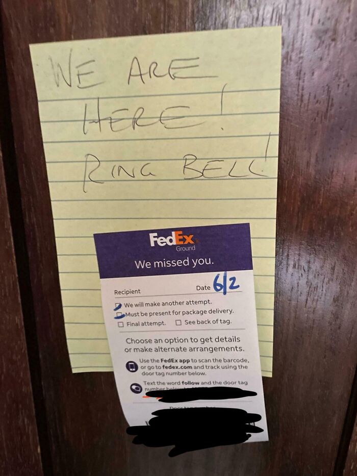 Passive-aggressive note and FedEx delivery notice on a wooden door.