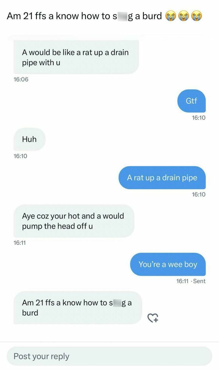 Text exchange highlighting unique Scottish humor with phrases like "rat up a drain pipe" and "you're a wee boy".