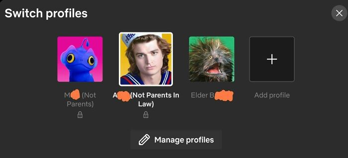 Profile selection screen showing avatars labeled "Not Parents In Law."