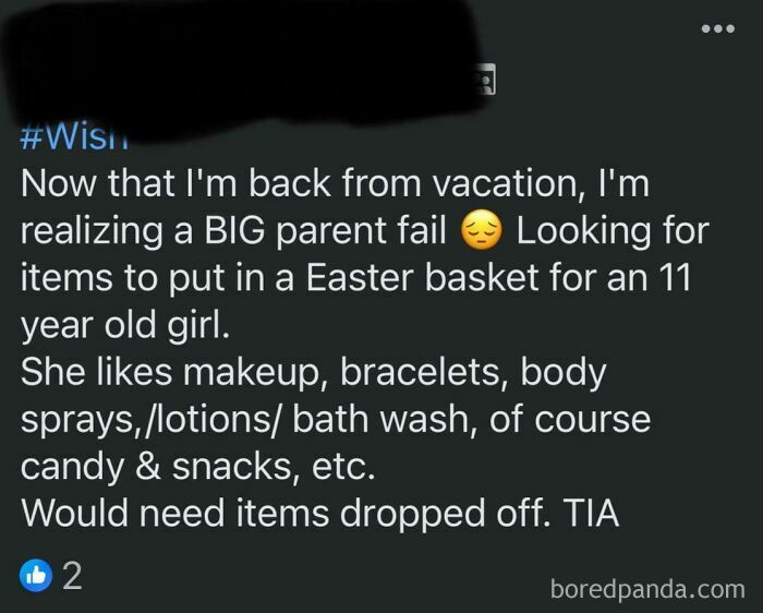 Beggars being choosers example: Parent requests Easter basket gifts for 11-year-old, including makeup and snacks.