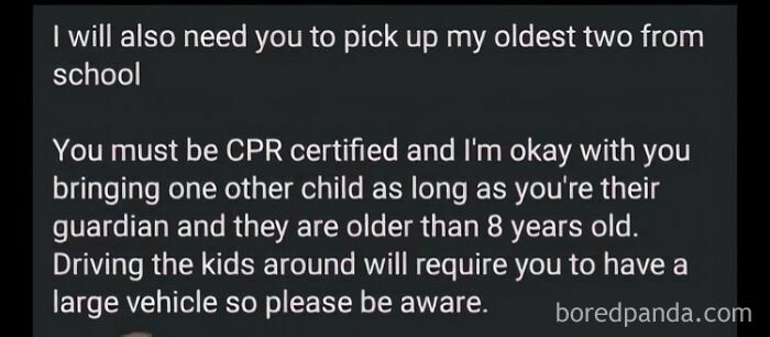 Text screenshot illustrating a classic "beggars being choosers" scenario with specific demands for a school pickup arrangement.