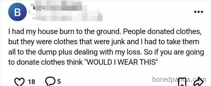 Beggars being choosers: A post expressing frustration over receiving unwanted clothing donations after a house fire.