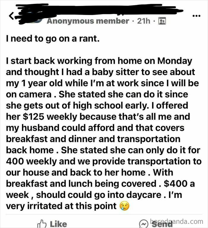Text post titled "Anonymous member" discussing babysitter cost negotiation; showcases beggars being choosers scenario.