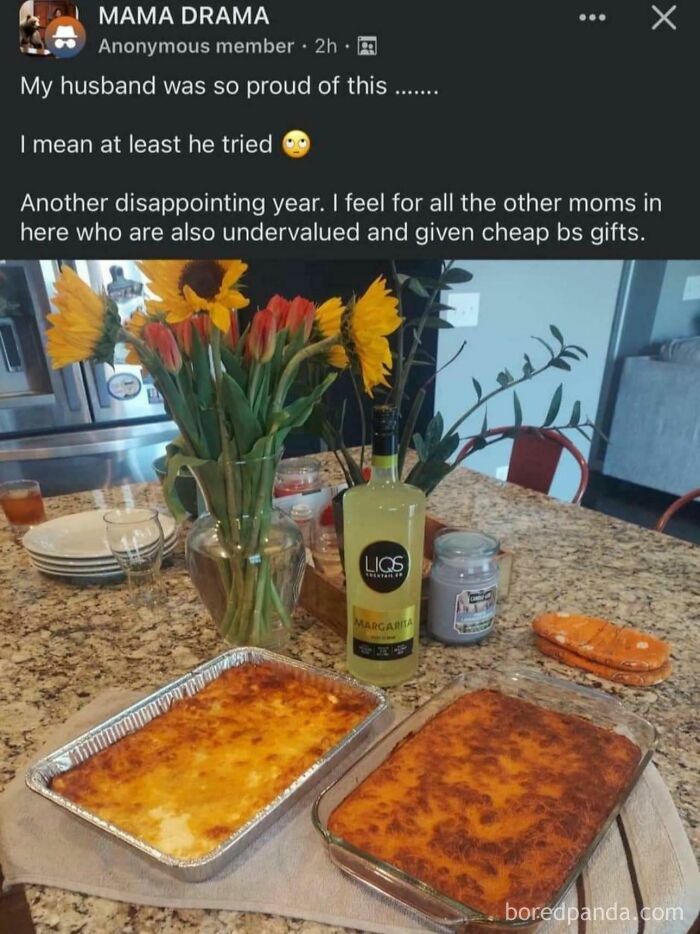 Beggars being choosers post with lasagna, flowers, and margarita mix on a kitchen counter.
