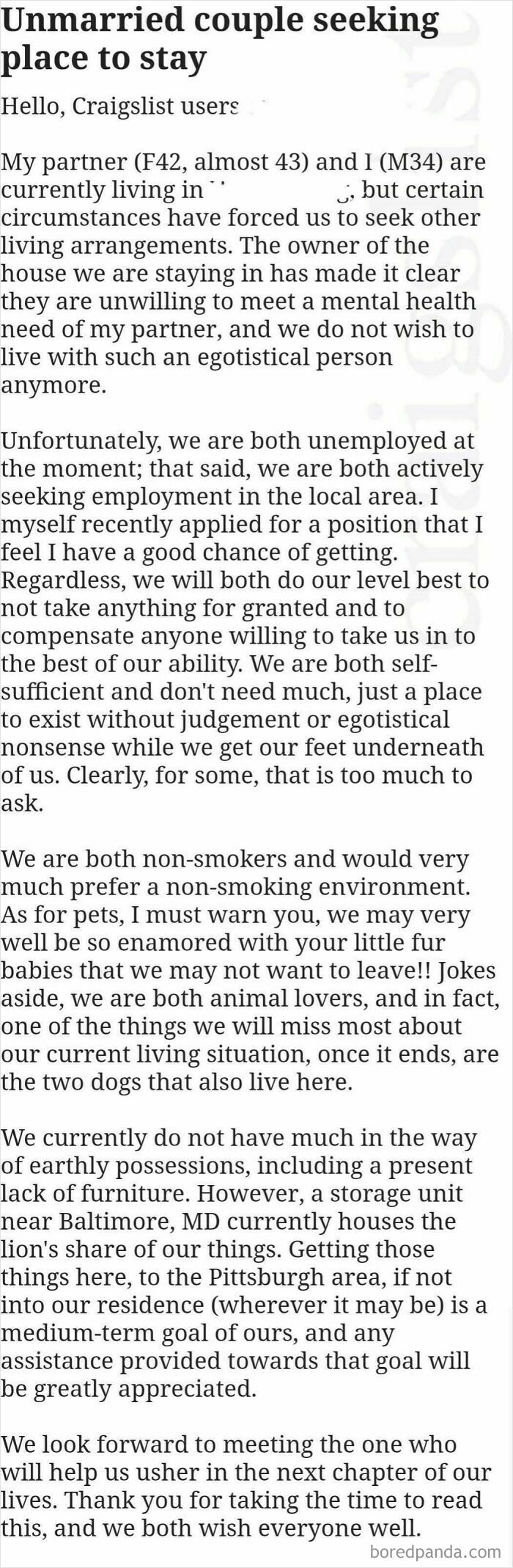 Craigslist post of an unemployed couple seeking housing, detailing their needs and preferences, shared in a beggars being choosers list.