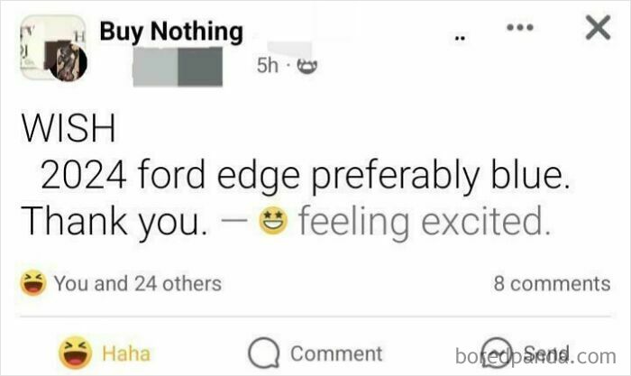 Social post humorously highlights beggars being choosers, wishing for a 2024 Ford Edge in blue.