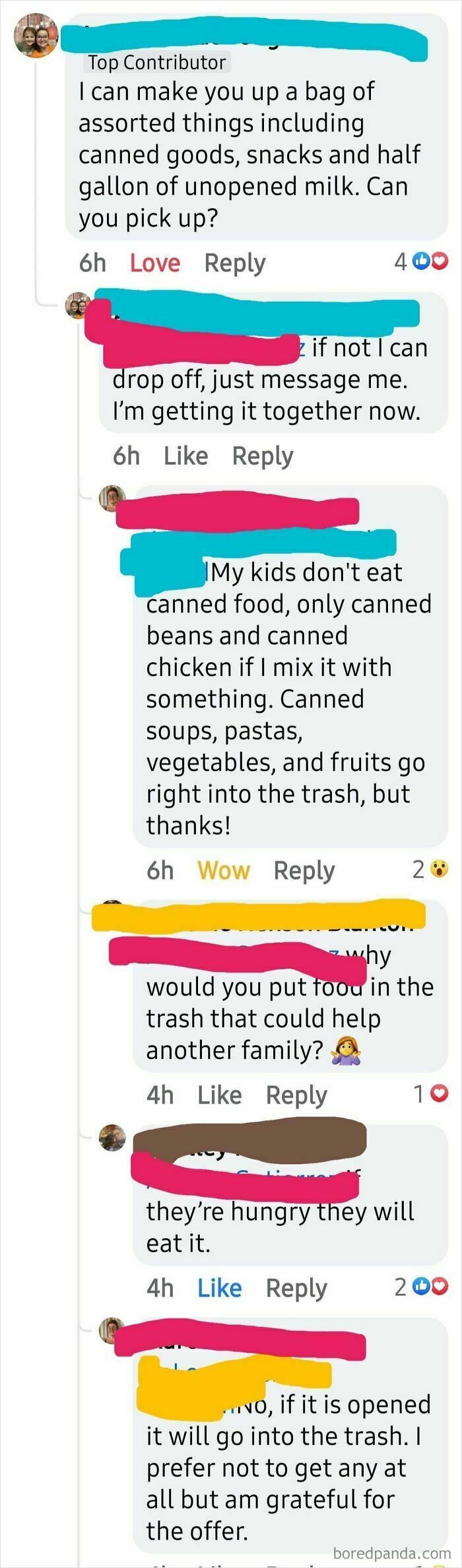 Text exchange highlighting a case of "beggars being choosers" involving a food donation offer and specific preferences.