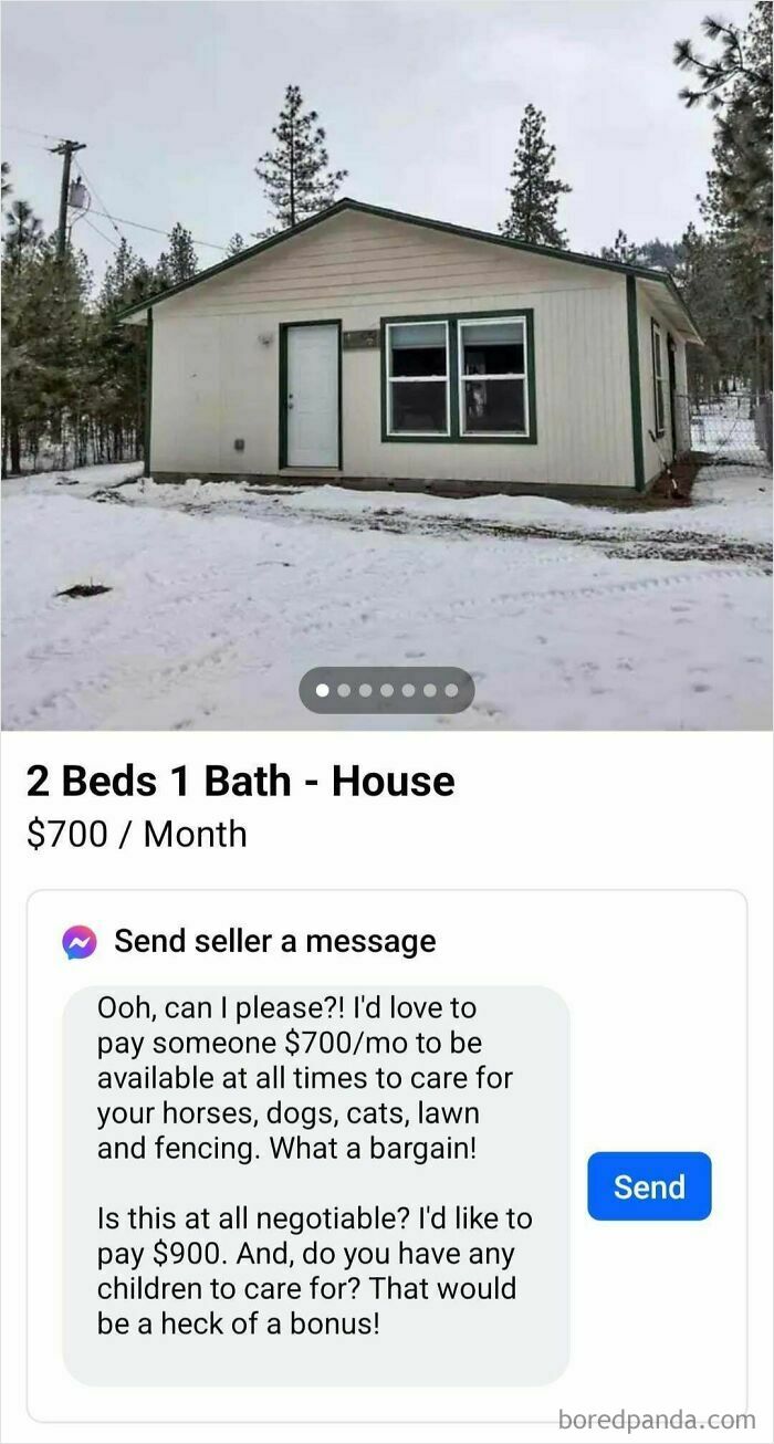House for rent at $700/month, message exchange highlights a choosy negotiator seeking extra services.