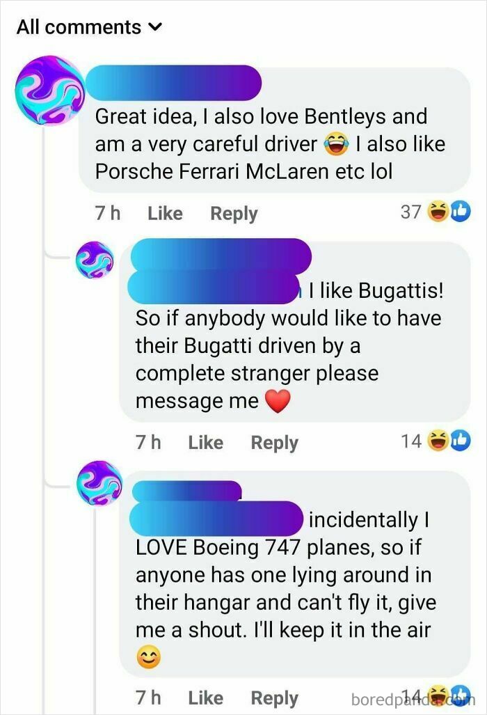 Online comments humorously request to drive luxury cars and airplane, showcasing beggars being choosers.
