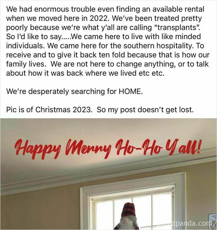 Text about moving struggles and southern hospitality, captioned "Happy Merry Ho-Ho Y'all" above a window. Beggars being choosers theme.