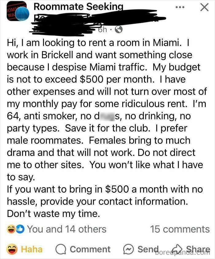 Roommate ad with picky demands for low rent, reflecting a beggars being choosers scenario in Miami.