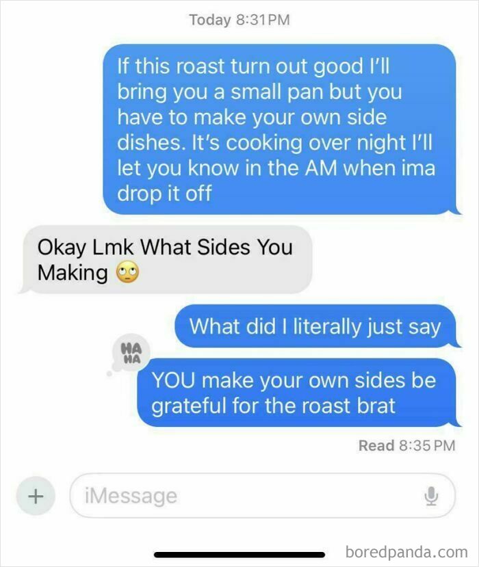 Text conversation showing a choosy beggar asking for sides with their meal.