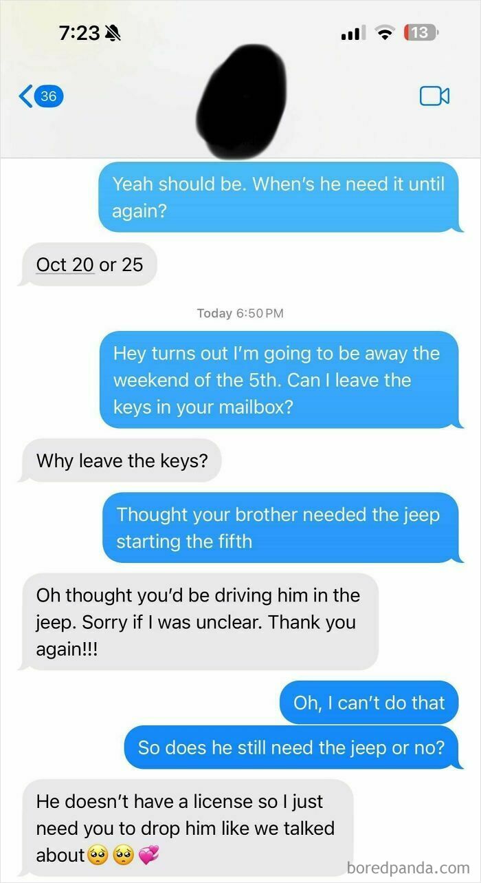 Text conversation showing a case of beggars being choosers about borrowing a Jeep.