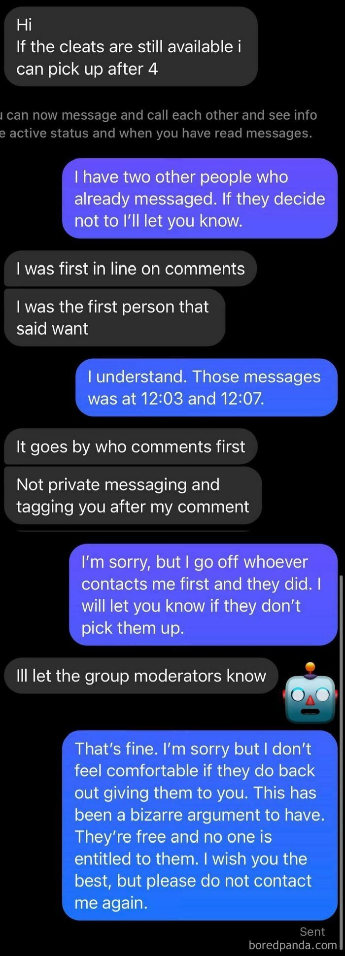 Text conversation showing a “beggars being choosers” scenario over free cleats, highlighting disagreement and entitlement.