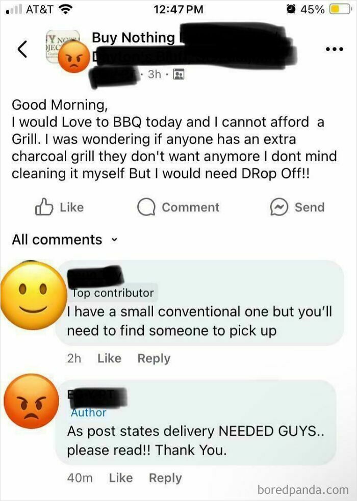 Beggars being choosers: Facebook post asking for a free grill with delivery required, showing user responses.