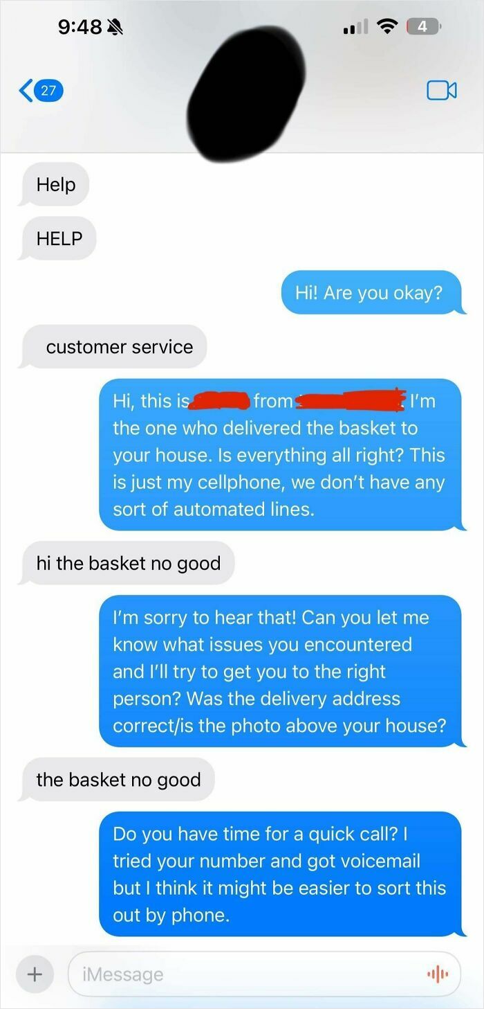 Text conversation showcasing a beggar being chooser with customer service, requester unhappy with basket delivery.
