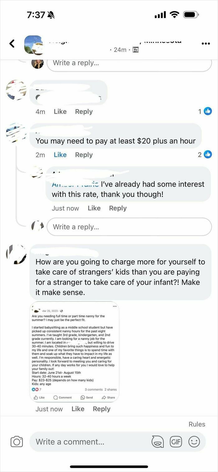 Online chat screenshot with comments about babysitting rates, highlighting case of beggars being choosers.