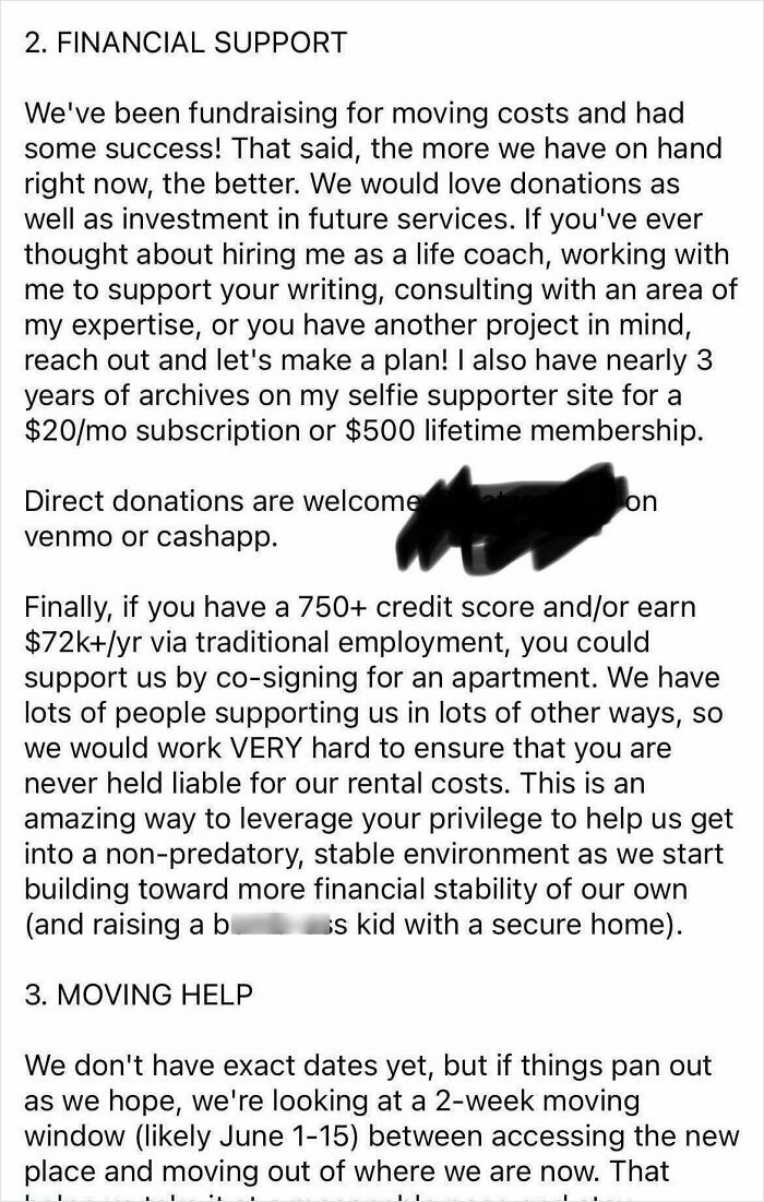 Text shows a request for financial support with specific and demanding conditions.