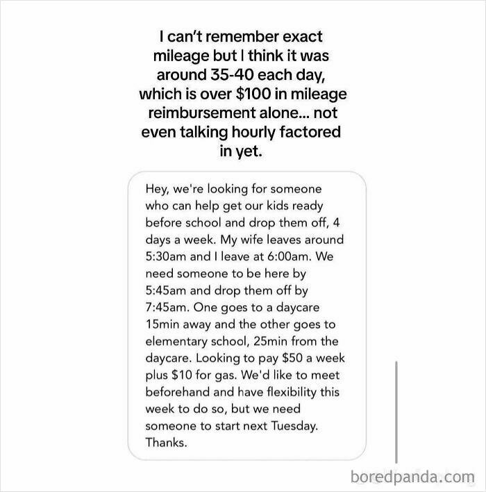 Text exchange showing a low-paying childcare request, highlighting a "beggars being choosers" situation.