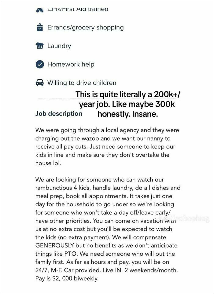 Job posting details show high expectations for a nanny role, highlighting a case of beggars being choosers.