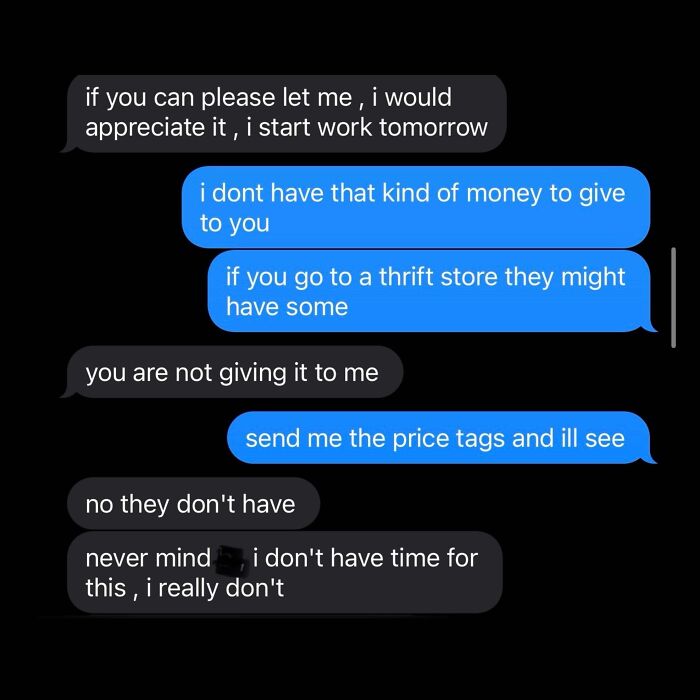 Text conversation showing a beggar being choosy about receiving help for work-related expenses.