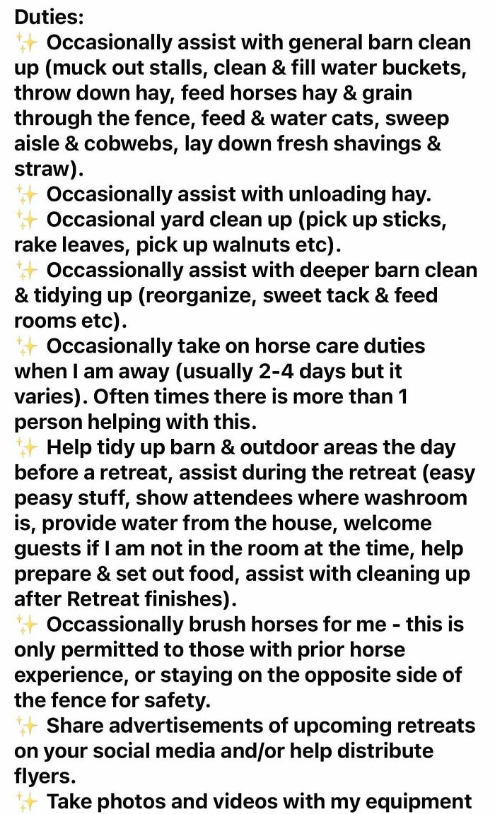 Duties list with tasks like barn cleanup, horse care, and retreat assistance, highlighting beggars being choosers scenarios.