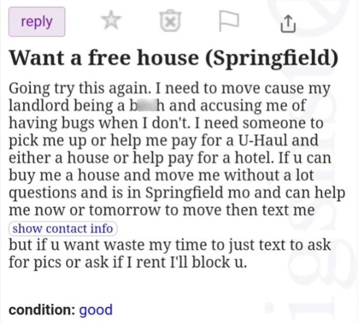 Text screenshot of a beggar being chooser, requesting a free house and move in Springfield.