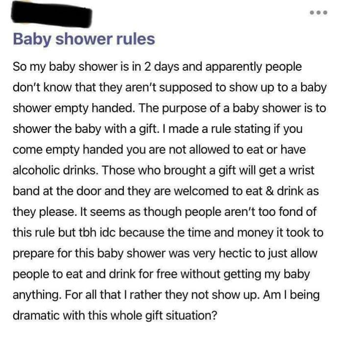 Text post about baby shower gift rules, highlighting beggars being choosers.