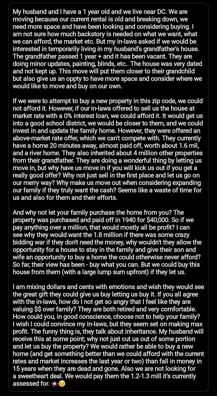 Text message about challenges of buying a home from difficult in-laws, involving emotions and finances.