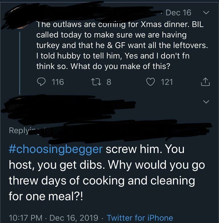 Text exchange discussing frustrating interaction with in-laws about Christmas dinner planning.