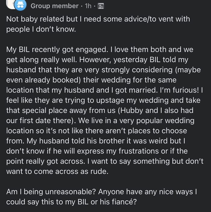 Post about conflict with in-laws over wedding location choice.