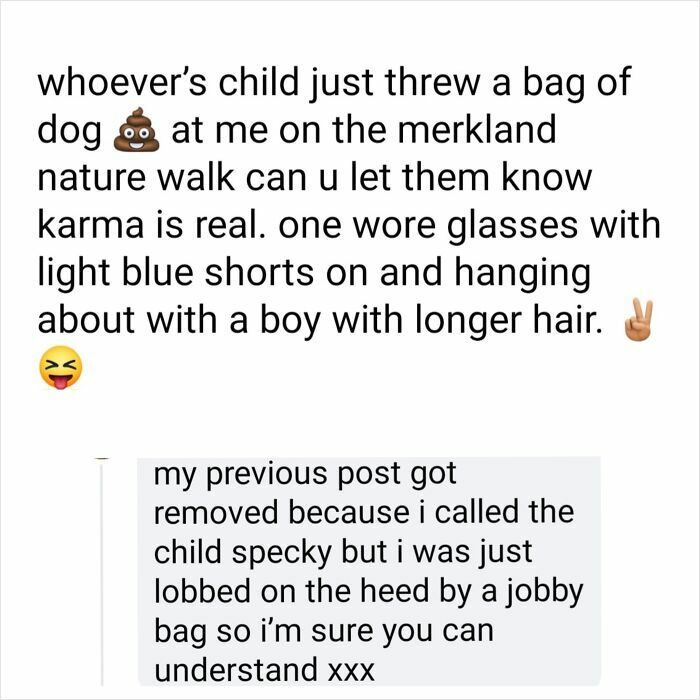 Funny Scottish humor post about an encounter with a child throwing a dog waste bag on a nature walk.
