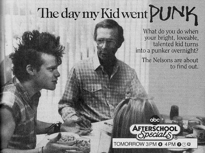 Retro TV scene depicting a punk-themed family discussion, capturing a seemingly ridiculous moment.