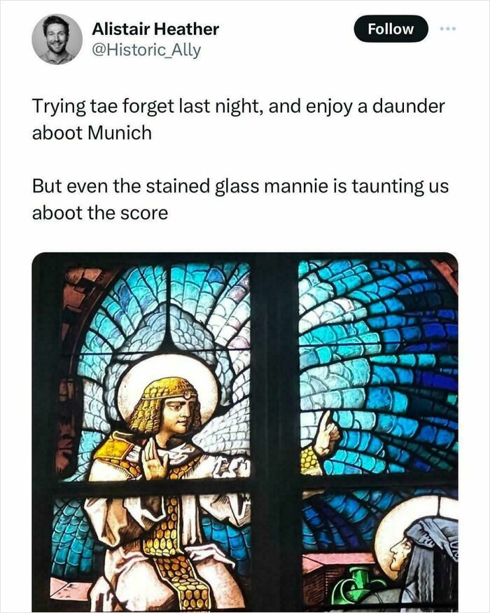 Tweet referencing Scottish humor with stained glass depicting biblical figures in blue and gold settings.